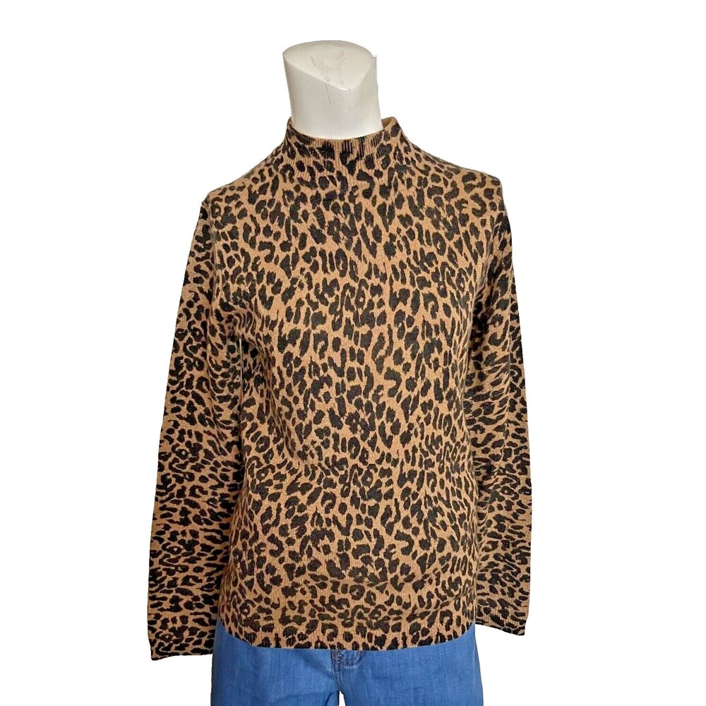 Neiman Marcus Women's Cashmere Collection Tight Knit Leopard Print Mock-Neck Sm